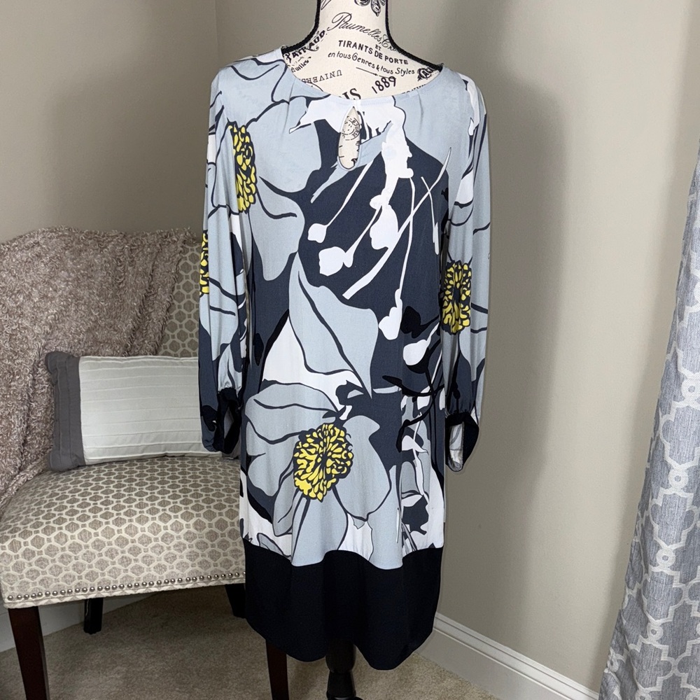 Floral Print Women's Dress - Black, White, Yellow